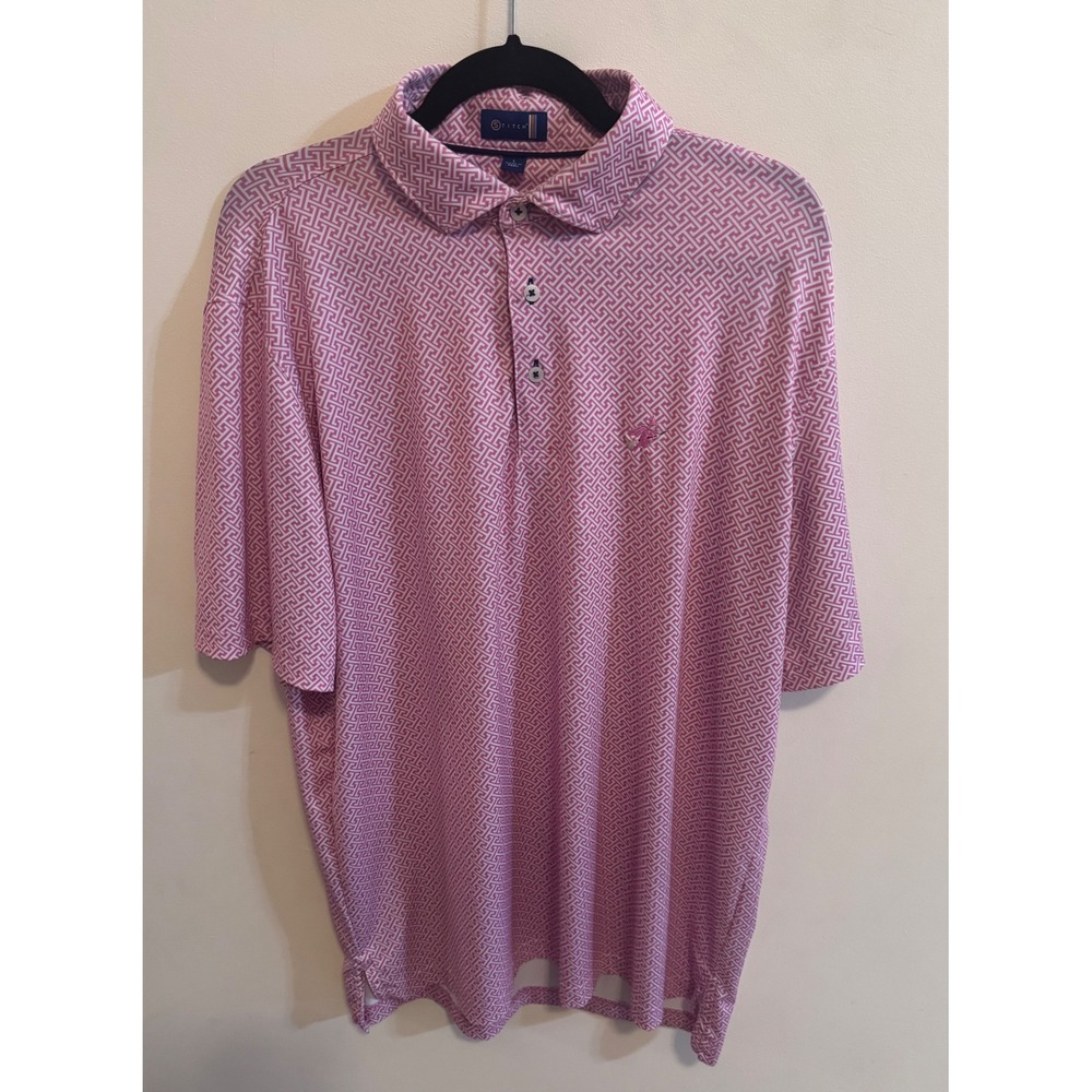 Stitch Golf Mens Pink White Geometric Fretwork Performance Polo Shirt Large
